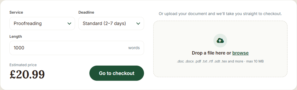 The Bullet Proofreading instant-quote calculator, showing service, deadline, and length fields with a live price and a document upload area.